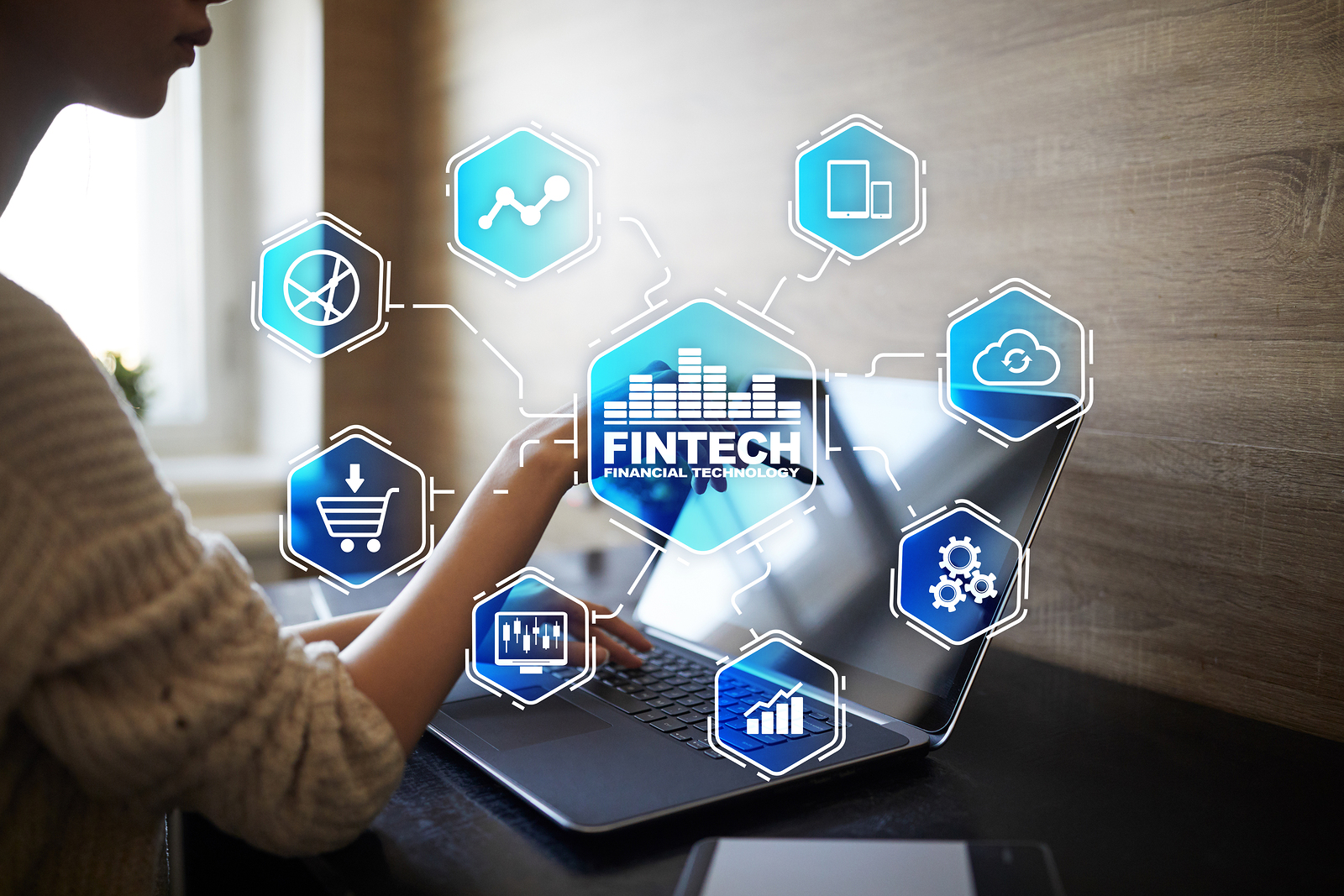 Fintech. Financial Technology Text On Virtual Screen. Business,